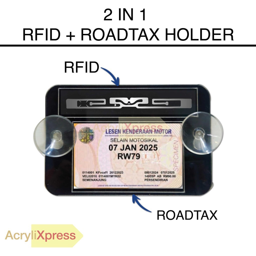 AcryliXpress RFID + ROADTAX HOLDER 2 IN 1 Acrylic Pemegang RFID Kereta Pemegang Roadtax Kereta Automotive Black Car