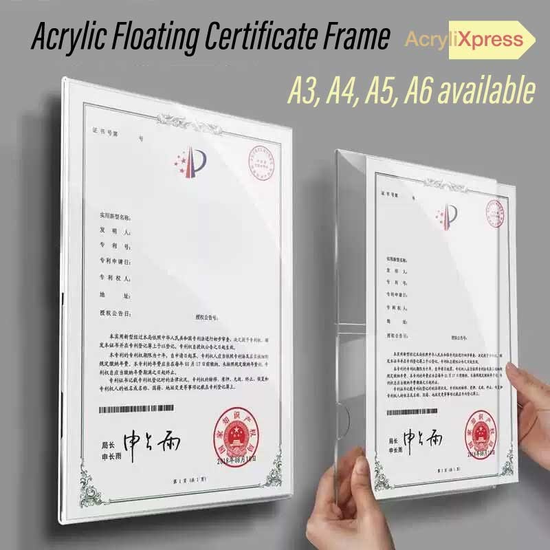 FLOATING Acrylic Wall Mounted Display Sign Holder Picture Frame with Double Side Tape A5 A4 A3