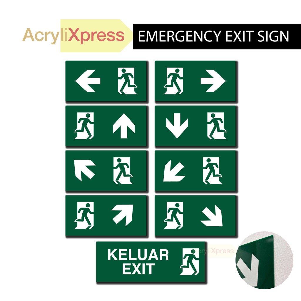 UMAKE Emergency Exit Signs Safety Signs emergency exit Keluar Sign Acrylic Emergency FIRE Exit Signs